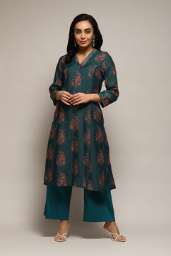 Green Polyester A-Line Printed Kurta Palazzo Suit Set image number 6