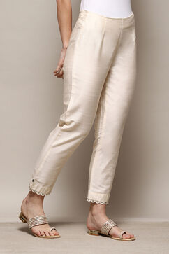 Cream Polyester Slim Yarndyed Pants image number 3