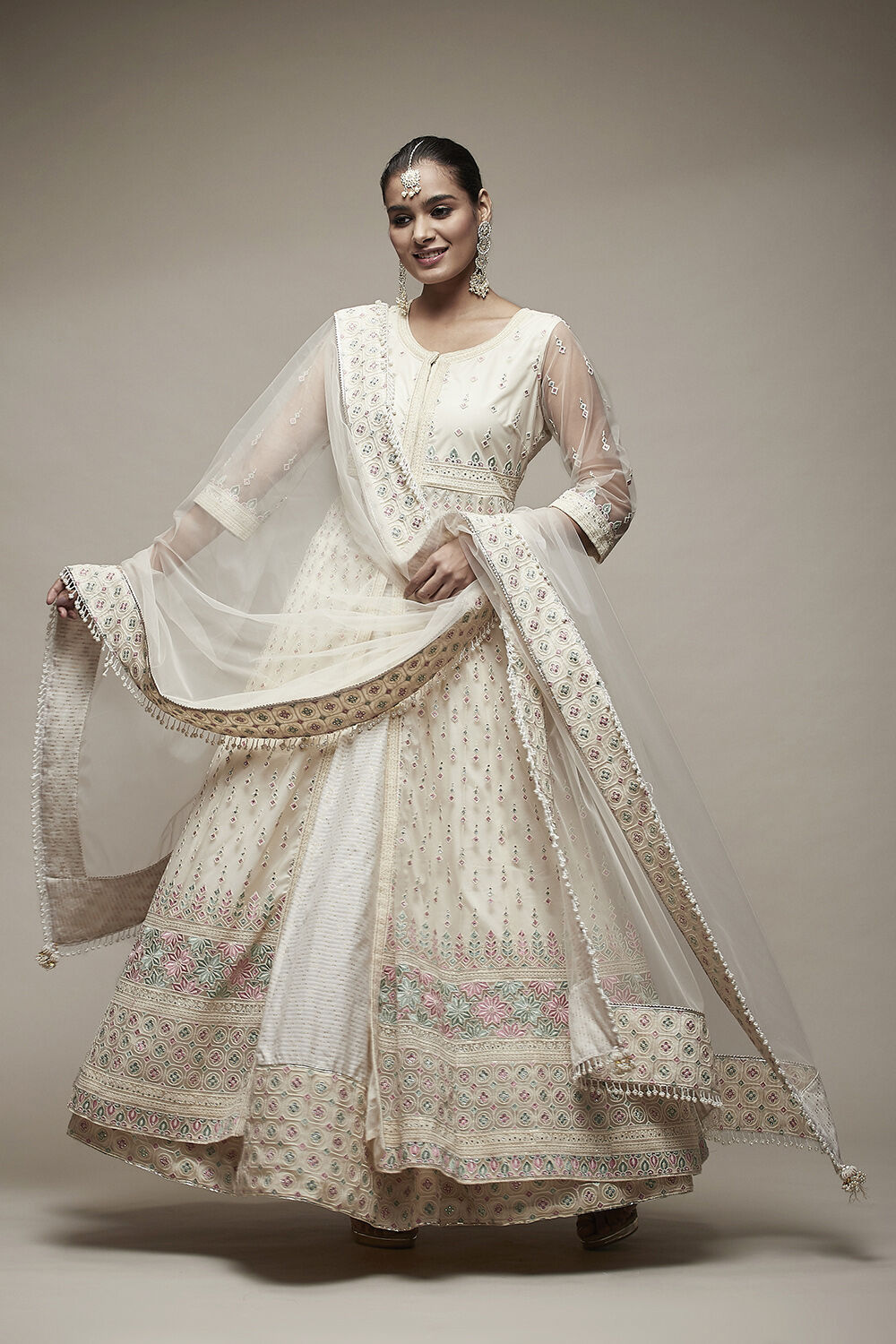 Buy Off White Nylon Anarkali Lehenga Set Kurta Lehenga Dupatta