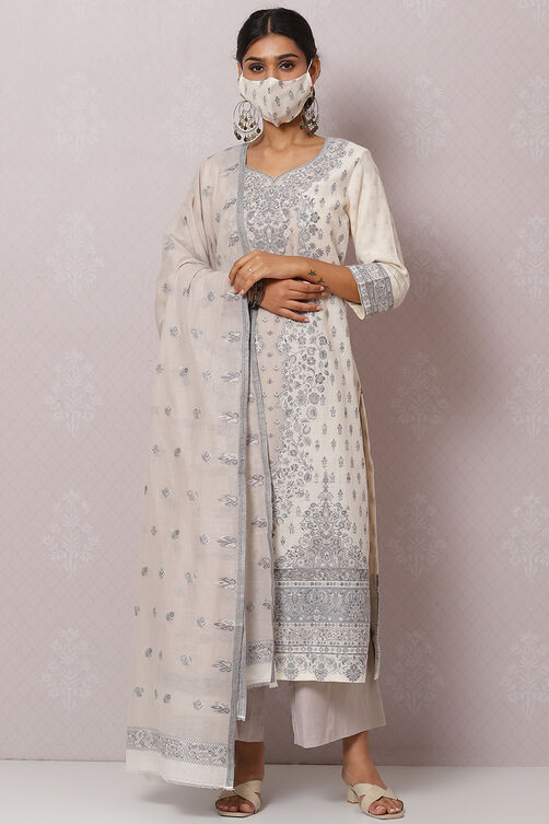 Off White Cotton Straight Kurta Palazzo Suit Set image number 5
