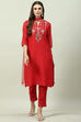 Red Art Silk Straight Kurta Slim Pant Suit Set