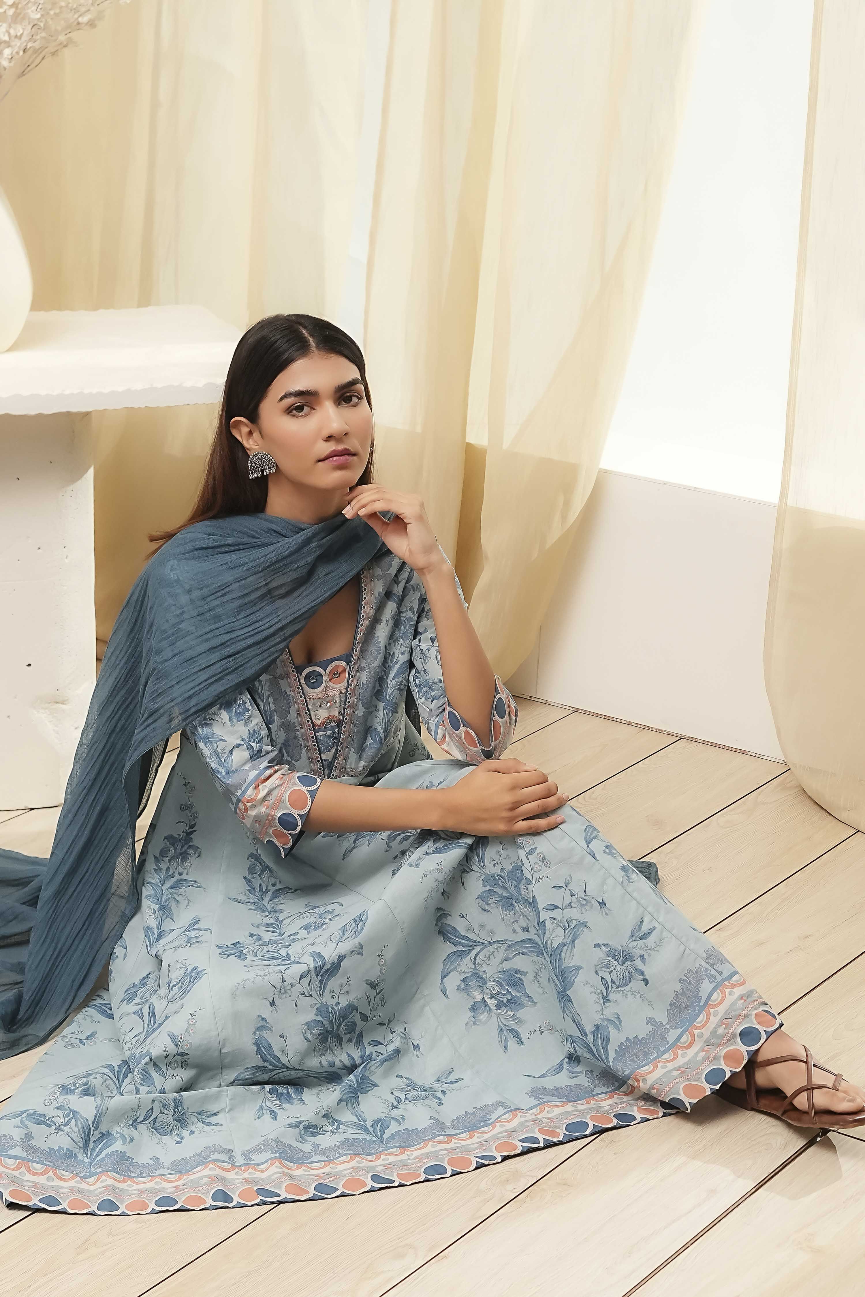 Dull Blue Cotton Floral Anarkali Suit Set image number 0