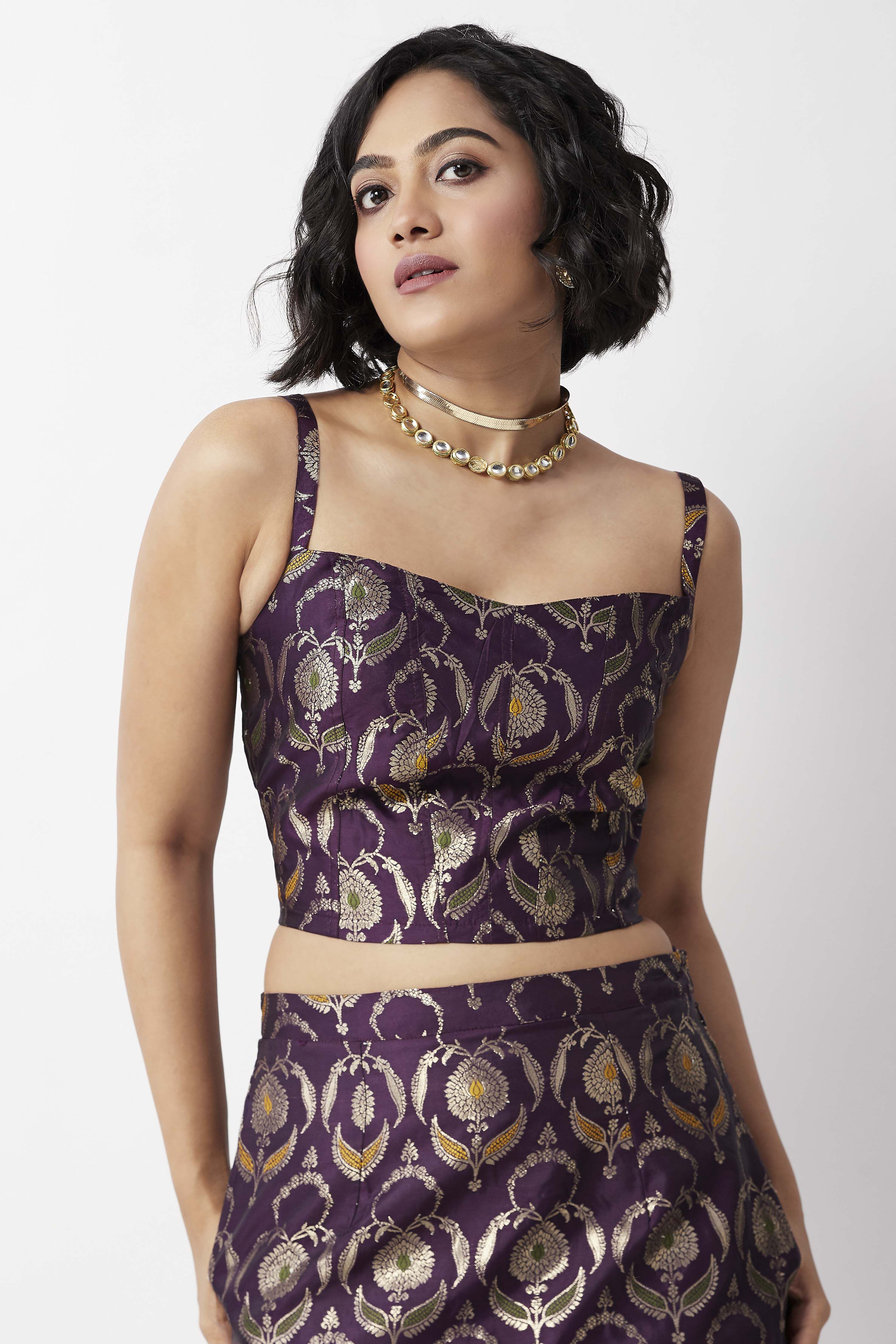 Purple Yarndyed Floral Fitted Crop Top image number 7