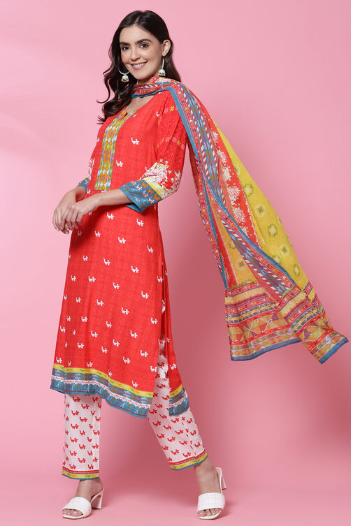 Red Rayon Straight Kurta Flared Palazzo Suit Set image number 0