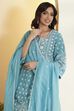 Teal Blue Viscose Blend Embroidered Straight Kurta Set image number 1