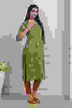 Green Cotton Printed Straight Kurta image number 4