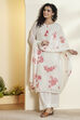 White & Red Viscose Rayon Floral Embroidered Kurta Set