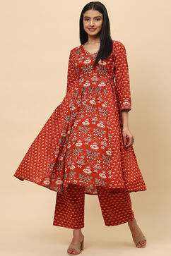 Rust Cotton Flared Kurta Set image number 0