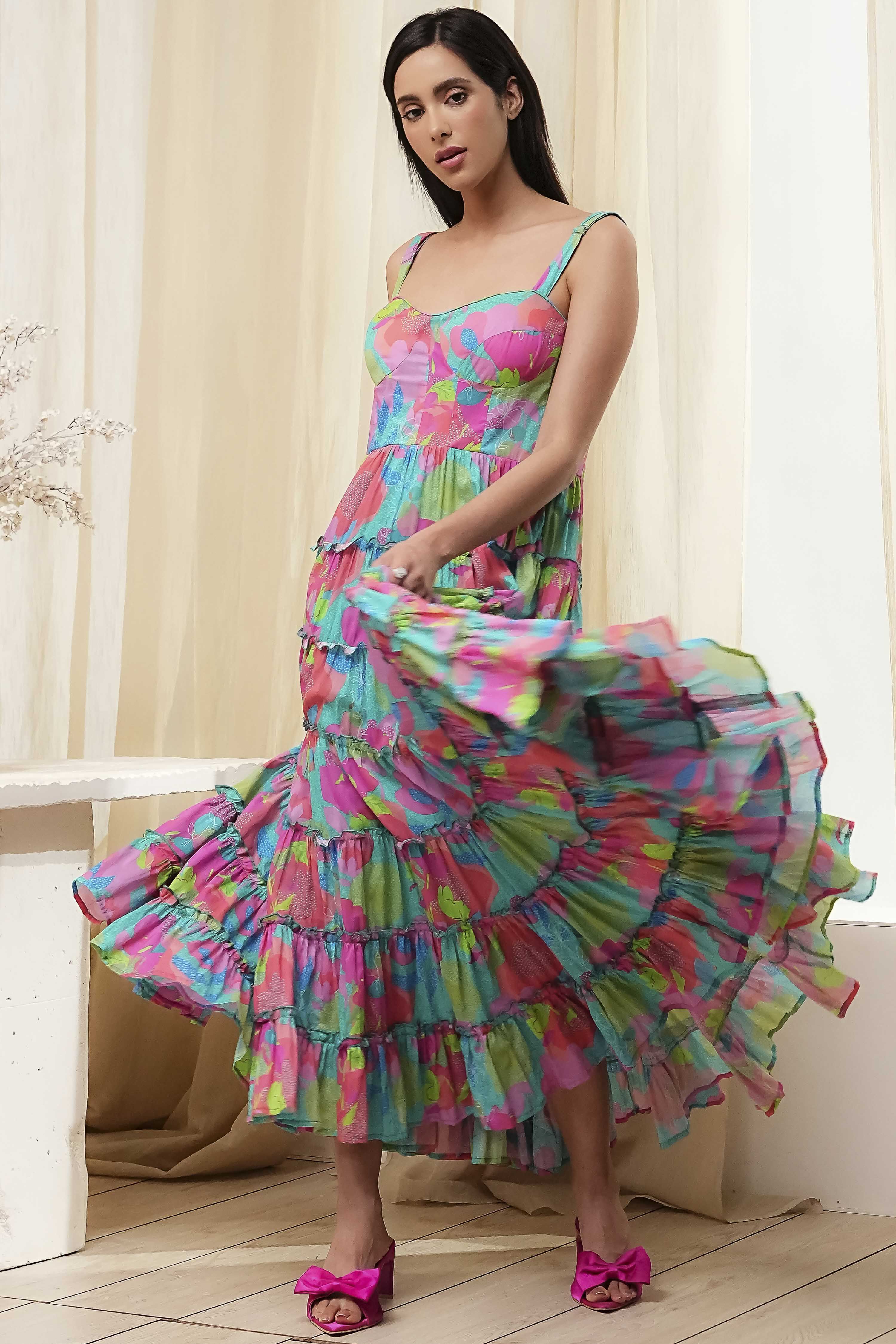 Turquoise Cotton Floral Printed Tiered Dress image number 5