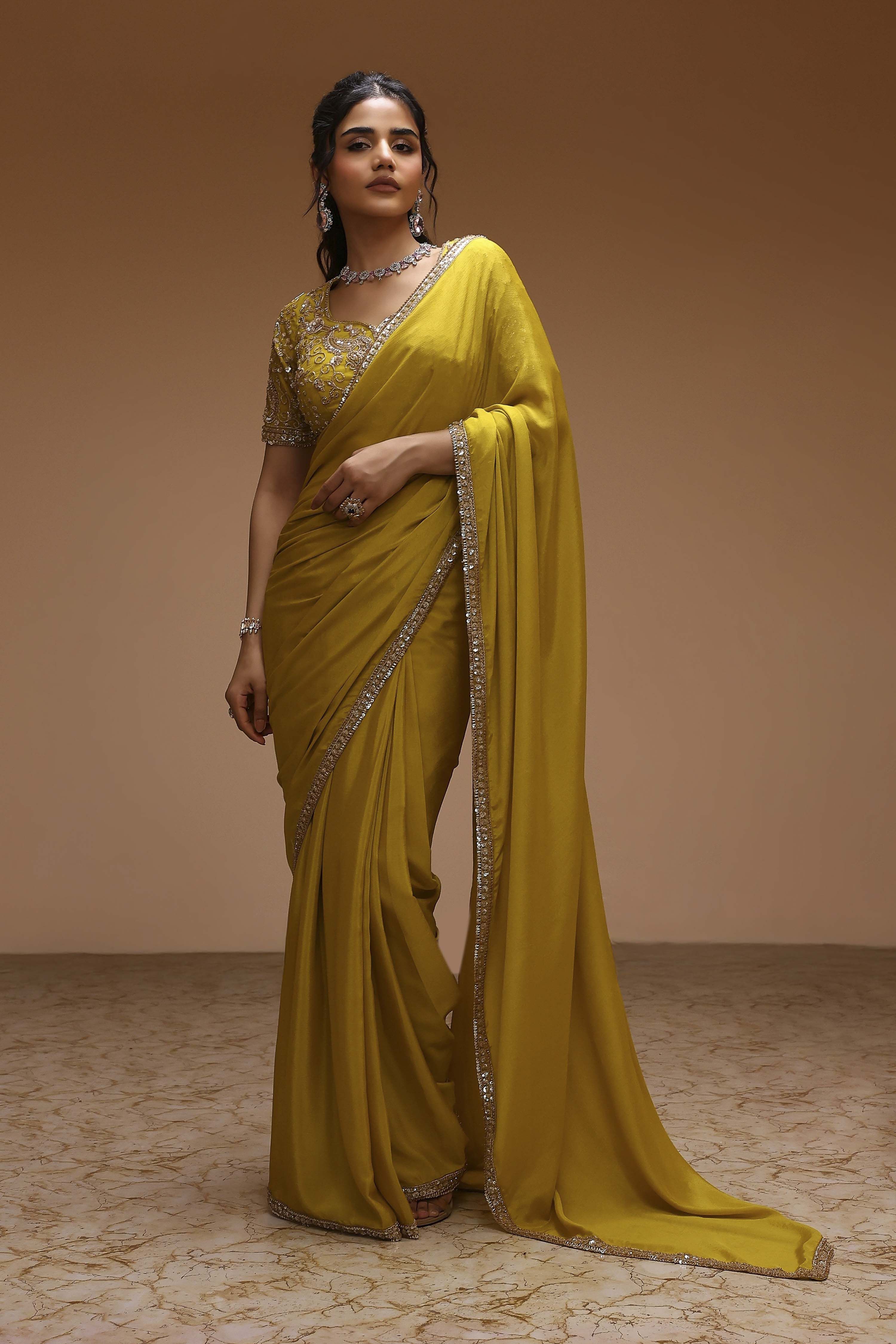 Lime Yellow Poly Chinnon Embroidered Pre-Draped Saree image number 0