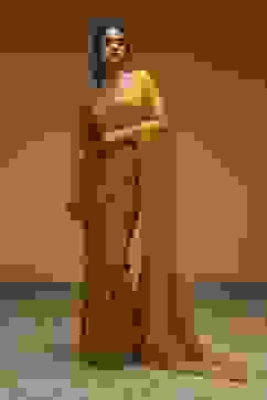 Lime Yellow Poly Chinnon Embroidered Pre-Draped Saree image number 0