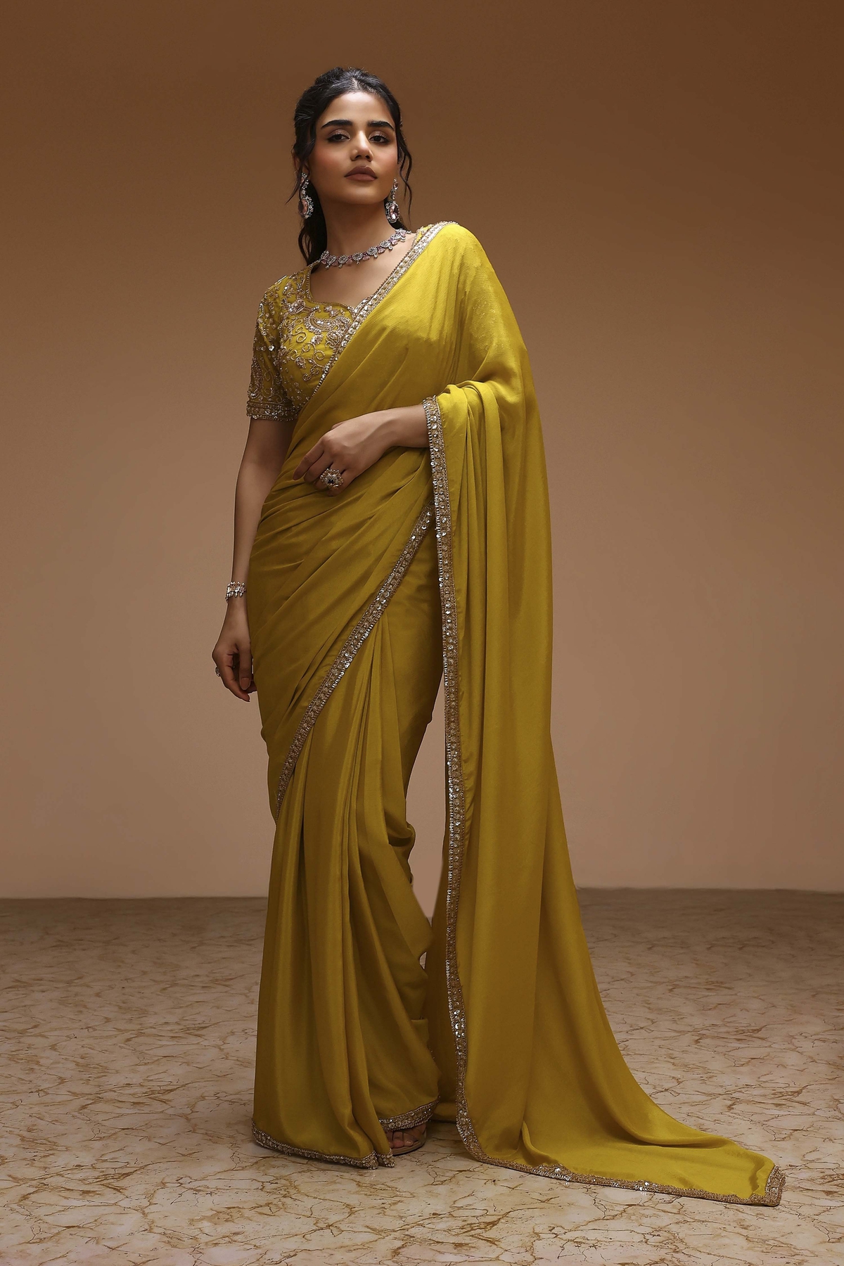 Lime Yellow Poly Chinnon Embroidered Pre-Draped Saree