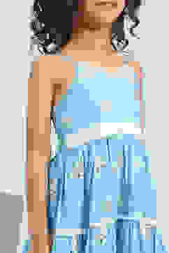 Blue Cotton Schiffli Strappy Tiered Dress image number 1