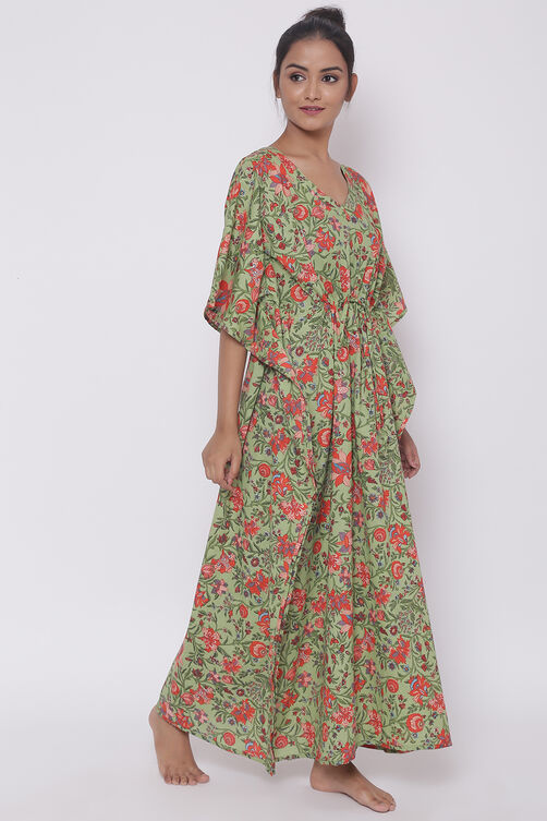 Green Cotton Printed Loungewear Kaftan image number 4