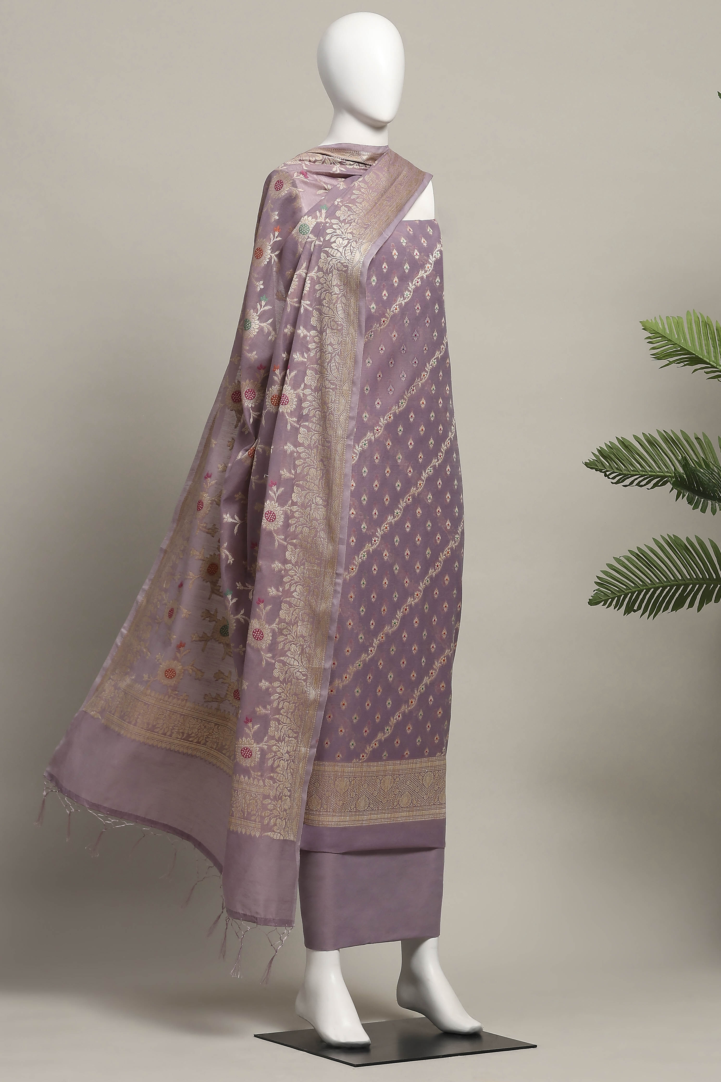 Light Green Cotton Printed Embroidered Unstitched Suit Set image number 4