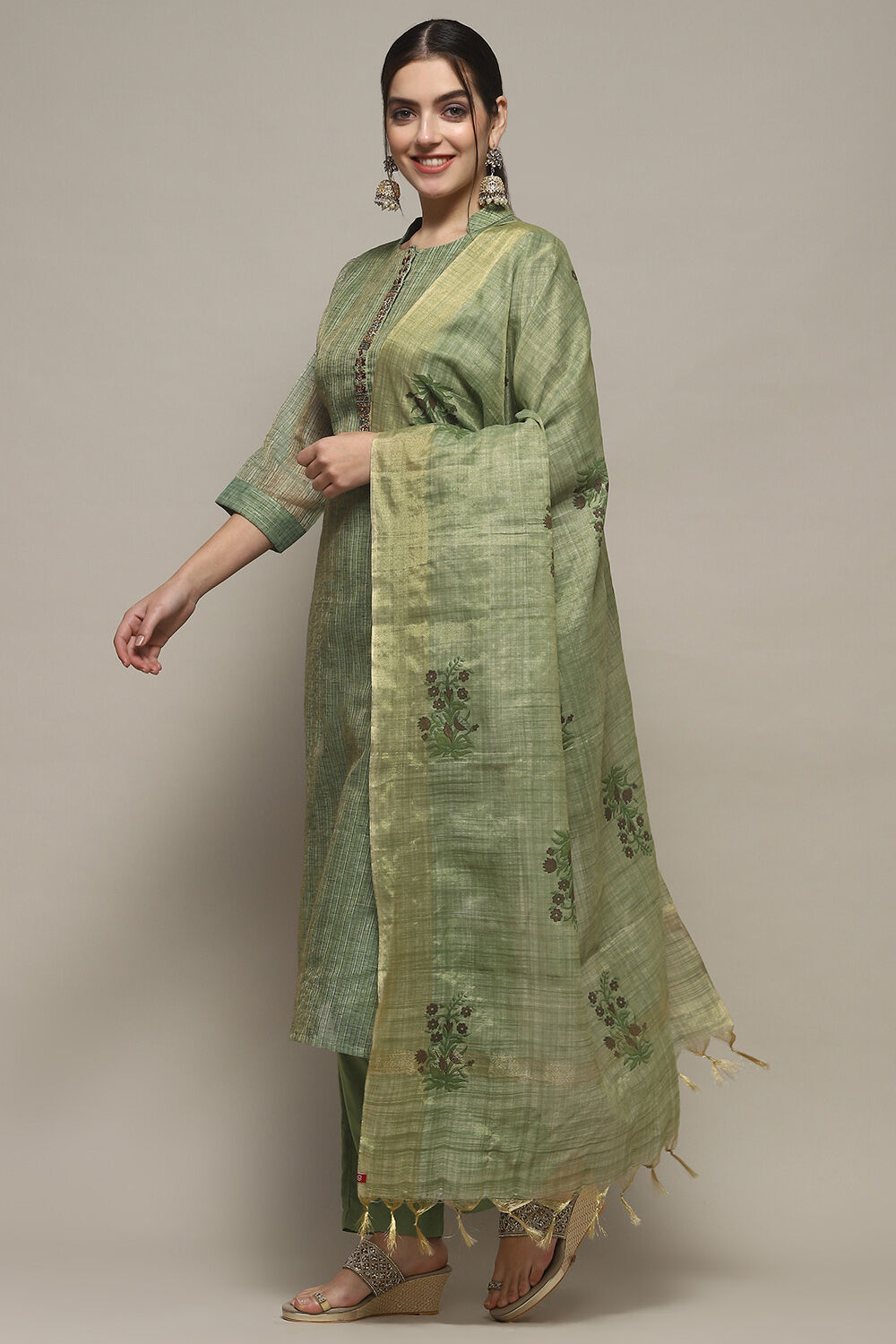Earthy Yellow Chanderi Unstitched Suit set image number 5