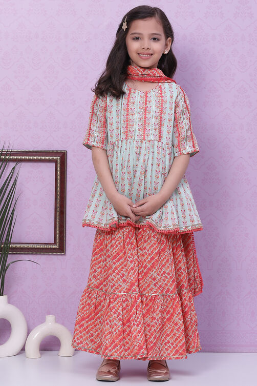 Aqua & Coral Cotton Printed Kurta Garara Suit Set image number 0