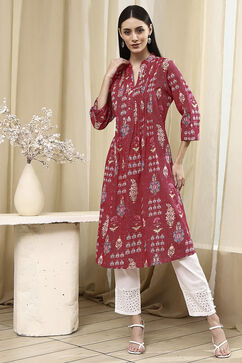 Pink Cotton Printed A-Line Kurta image number 5