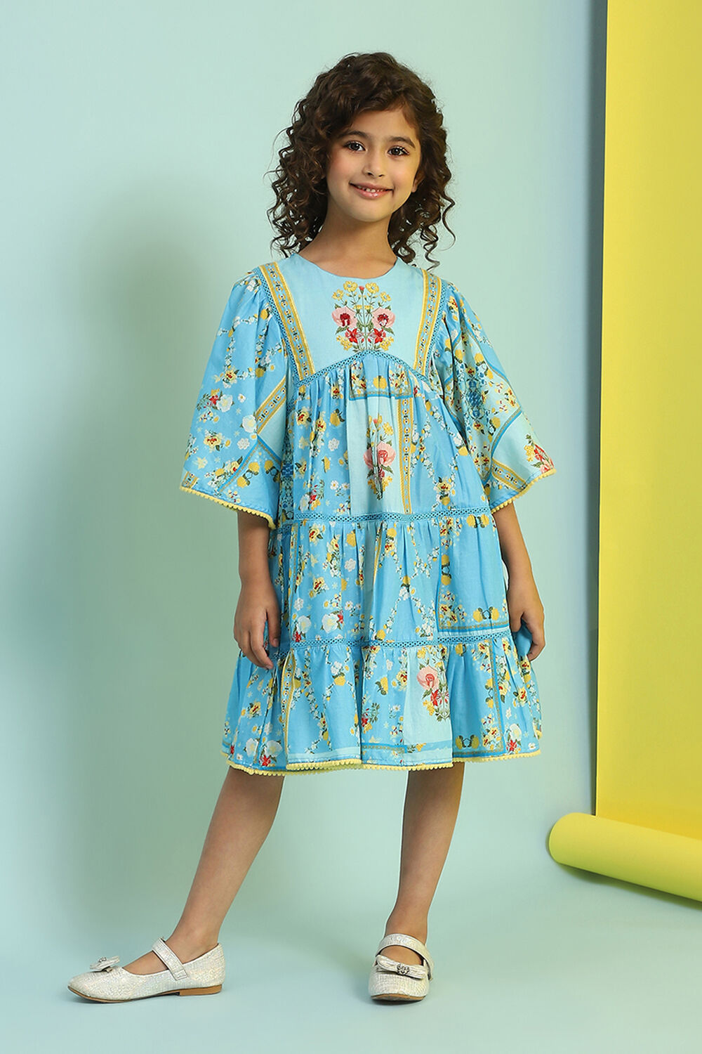 Sky Blue Cotton Printed Tiered Dress image number 6