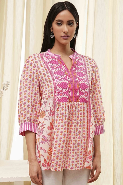 Pink Cotton Printed A-line Short Kurta image number 1