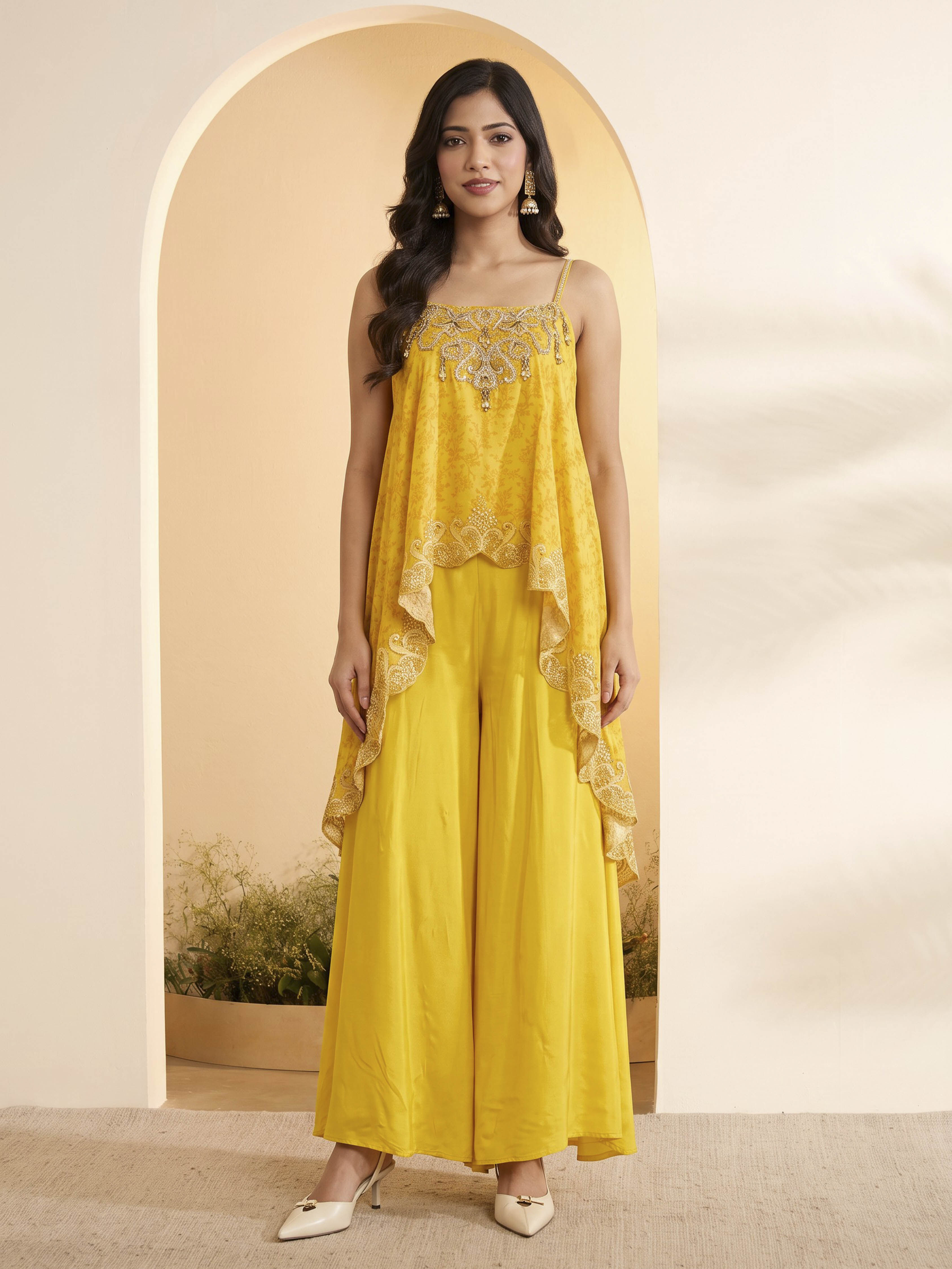 Yellow Modal Satin Asymmetric Suit Set image number 5
