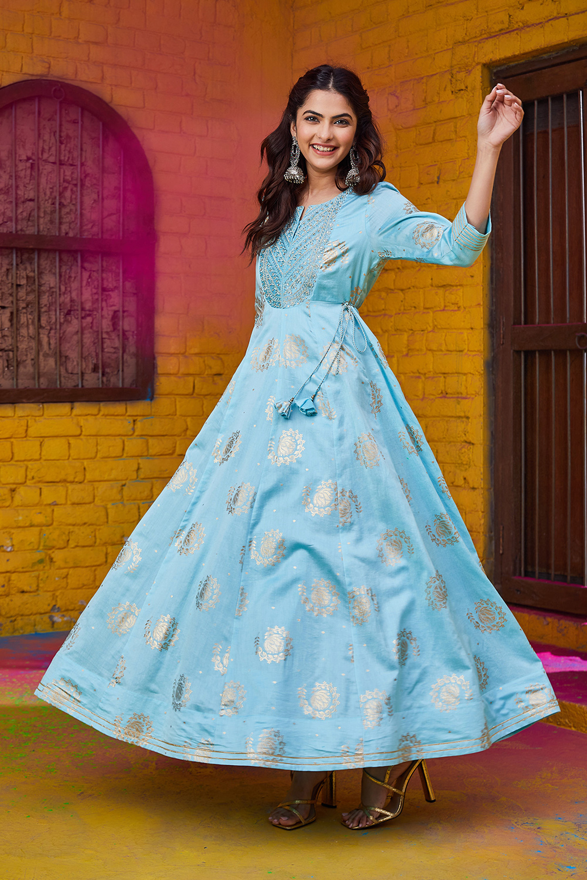 Sky Blue Foil Printed Festive Flared Dress