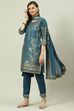 Teal Printed Straight Kurta Slim Pant Suit Set image number 5