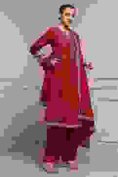 Red Cotton A-Line Yarndyed Suit Set image number 5