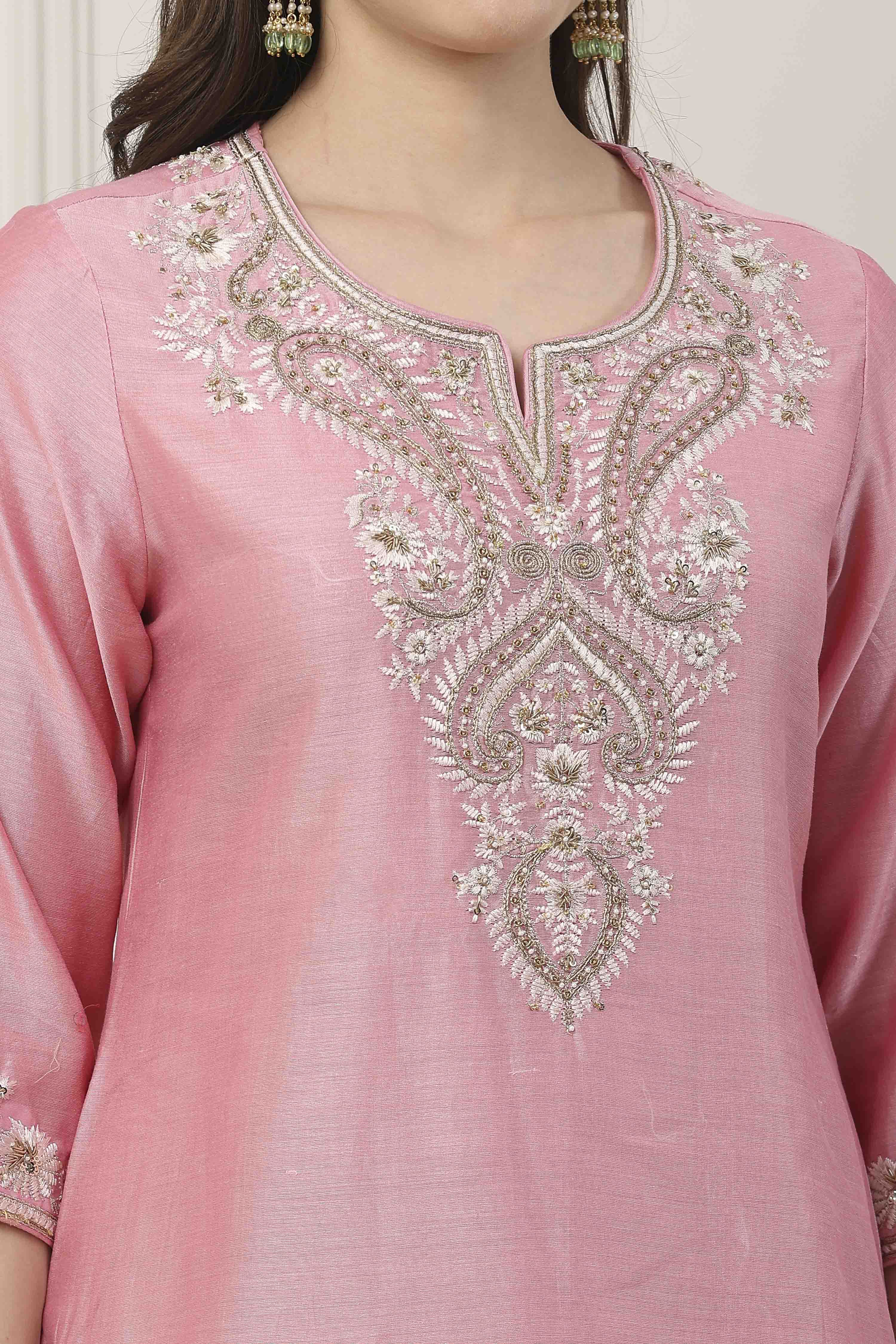 White Silk Chanderi Straight Suit Set image number 1