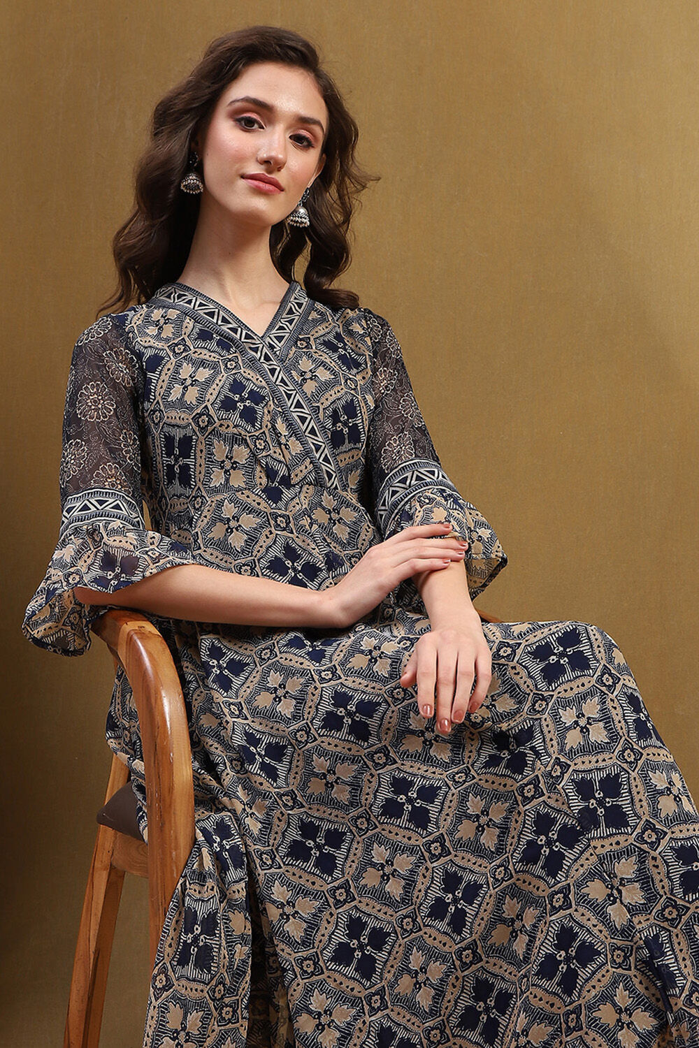 Blue Georgette Floral Printed Flared Dress image number 6