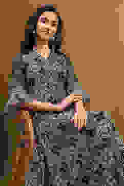 Blue Georgette Floral Printed Flared Dress image number 6