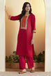 Red Cotton Yoke Printed Straight Kurta image number 0