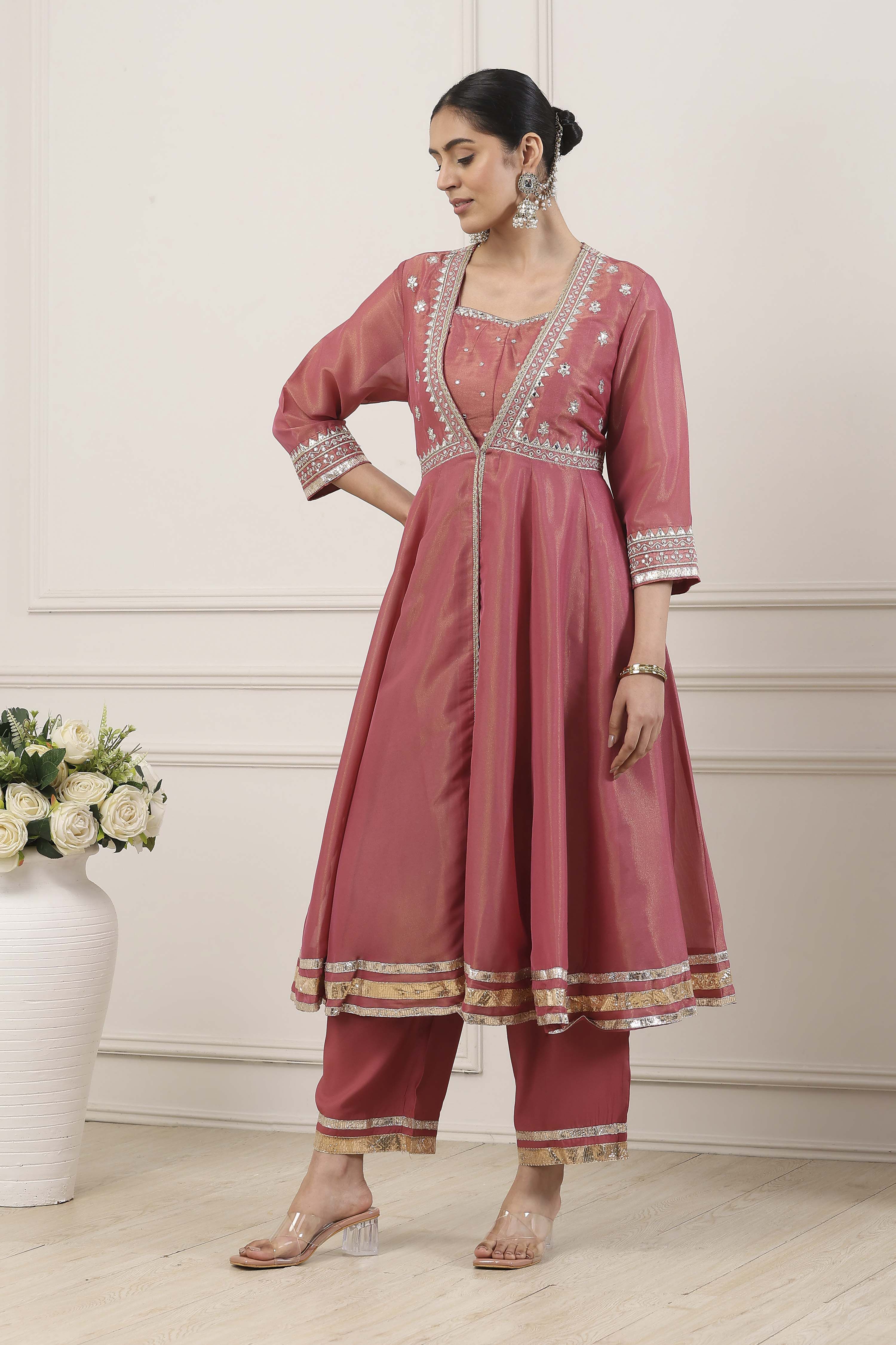Pink Poly Tissue Anarkali Suit Set image number 3