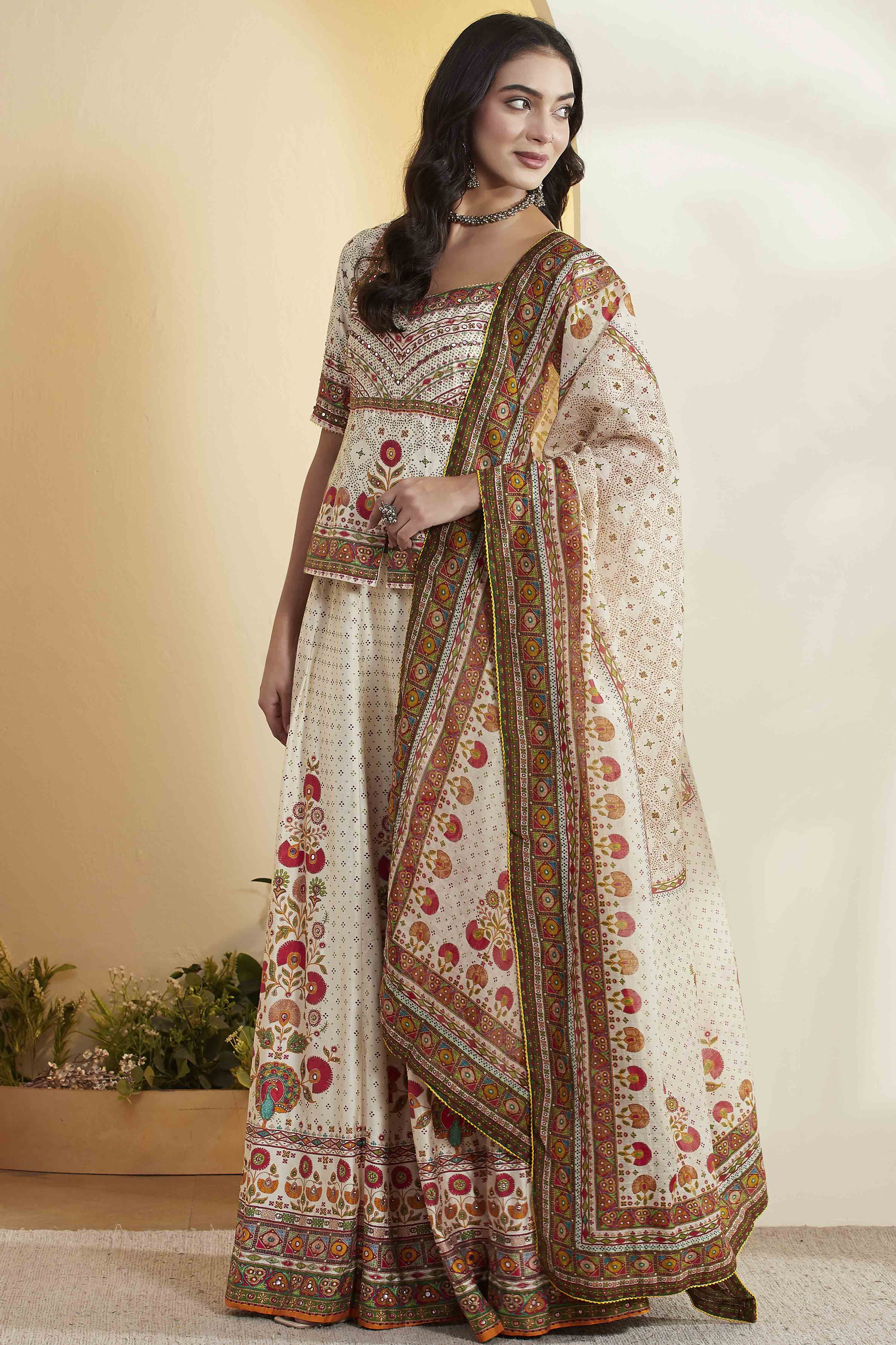 Navy Blue Cotton Silk Printed Lehenga Set image number 4