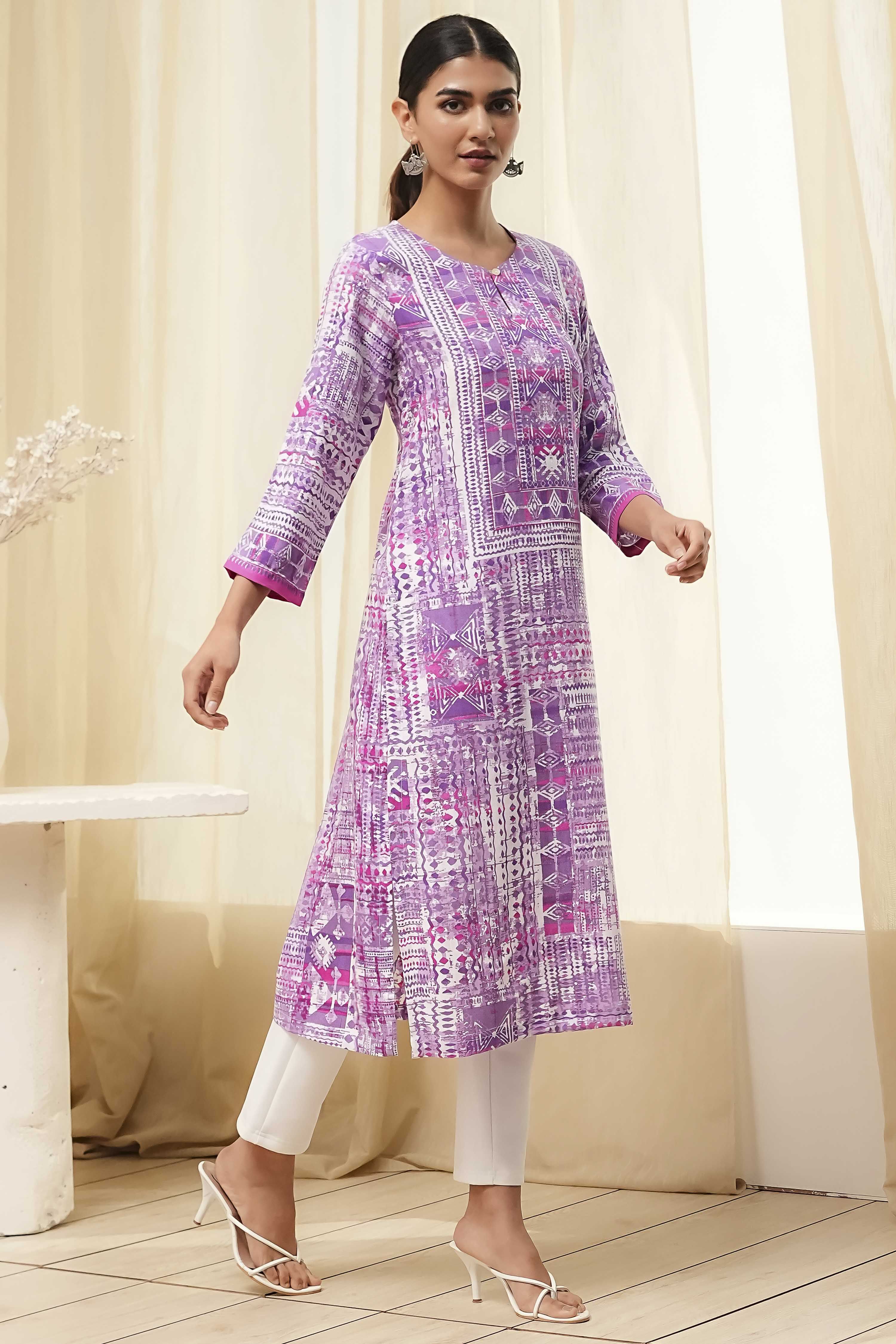 Lavender Printed Straight Kurta image number 4