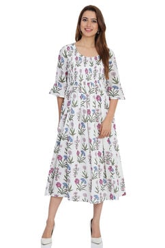 Off White Flared Cotton Printed Dress image number 0