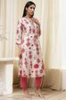 Ecru and Pink Printed Straight Kurta image number 4