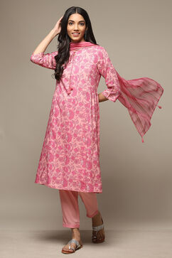 Pink Rayon Gathered Kurta Pants Suit Set image number 0