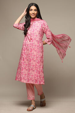 Pink Rayon Gathered Kurta Pants Suit Set image number 0