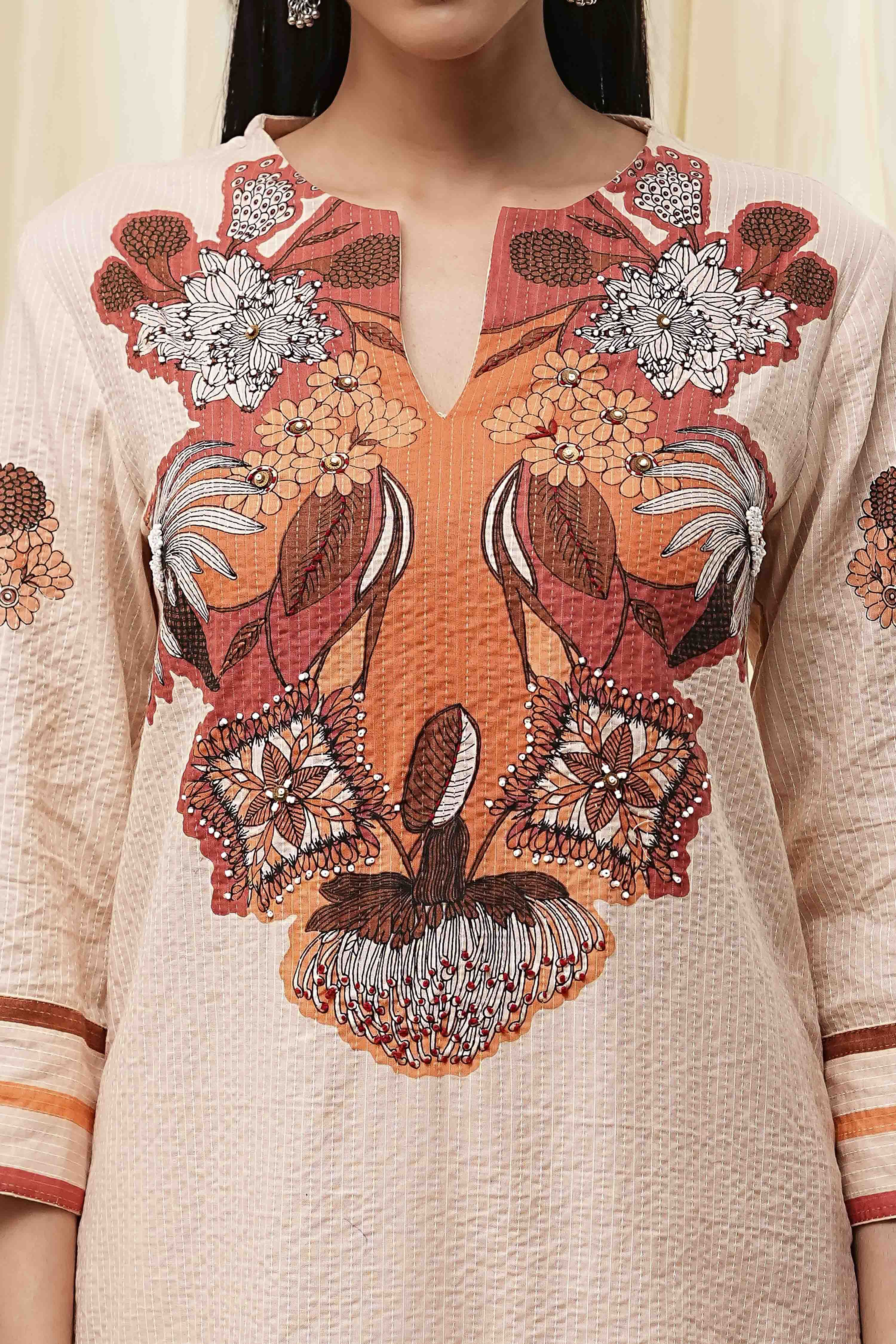 Peach-Toned Cotton Straight Suit Set image number 1