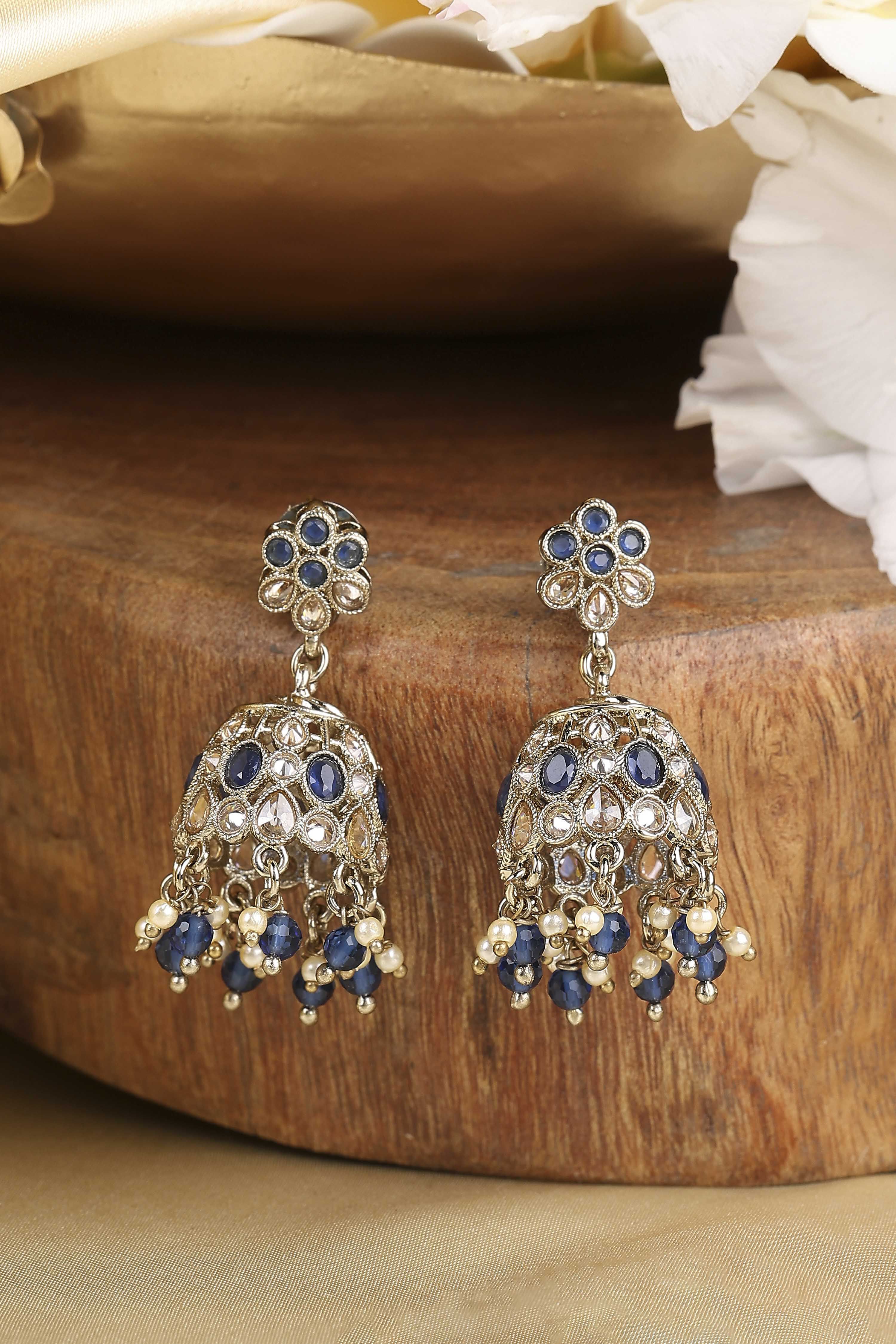Navy Blue Gold Plated Alloy Studded Jhumkas image number 0