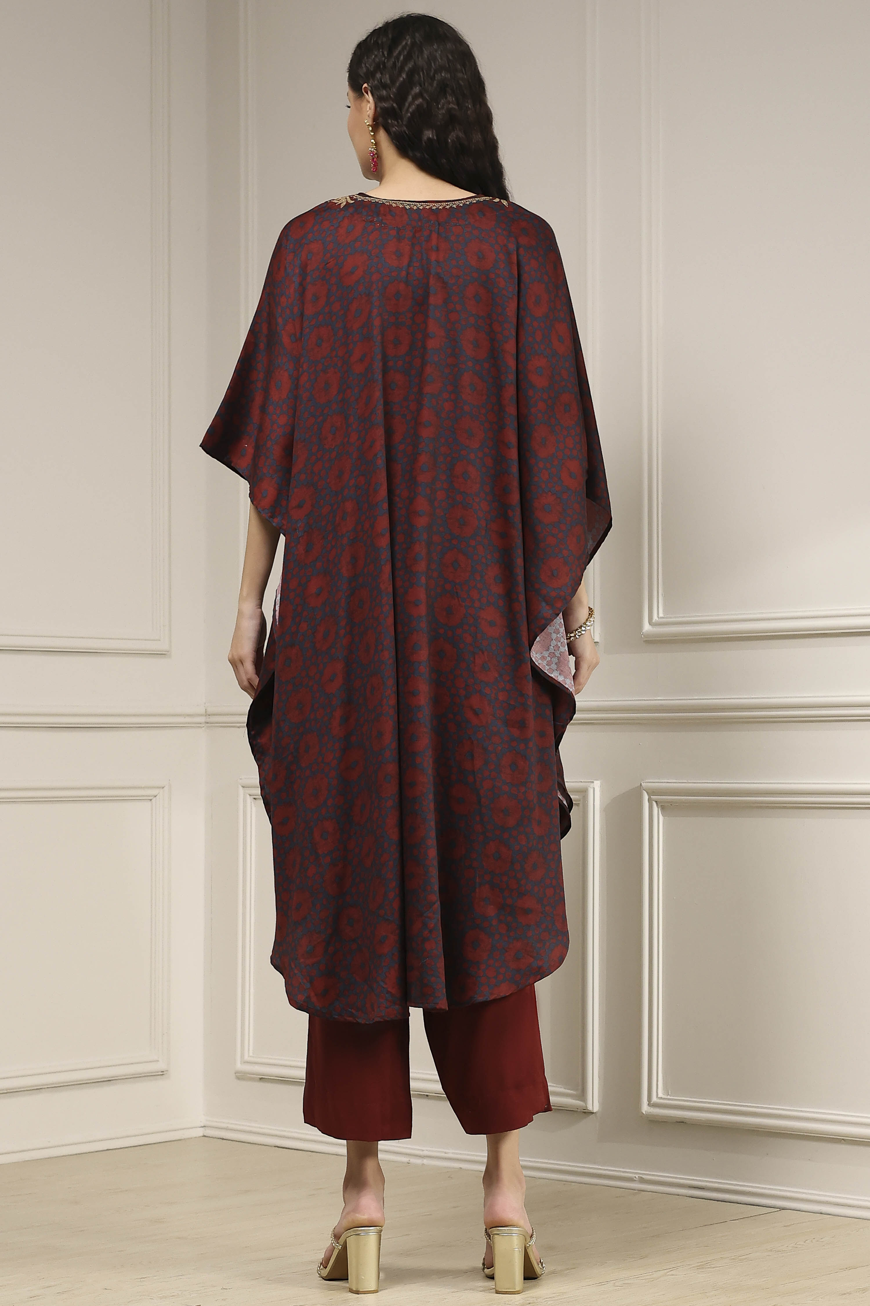 Blue and Brown Satin Printed Kaftan-Style Kurta Set image number 4