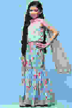 Blue Cotton Printed Blouse And Sharara t With Net Dupatta image number 4