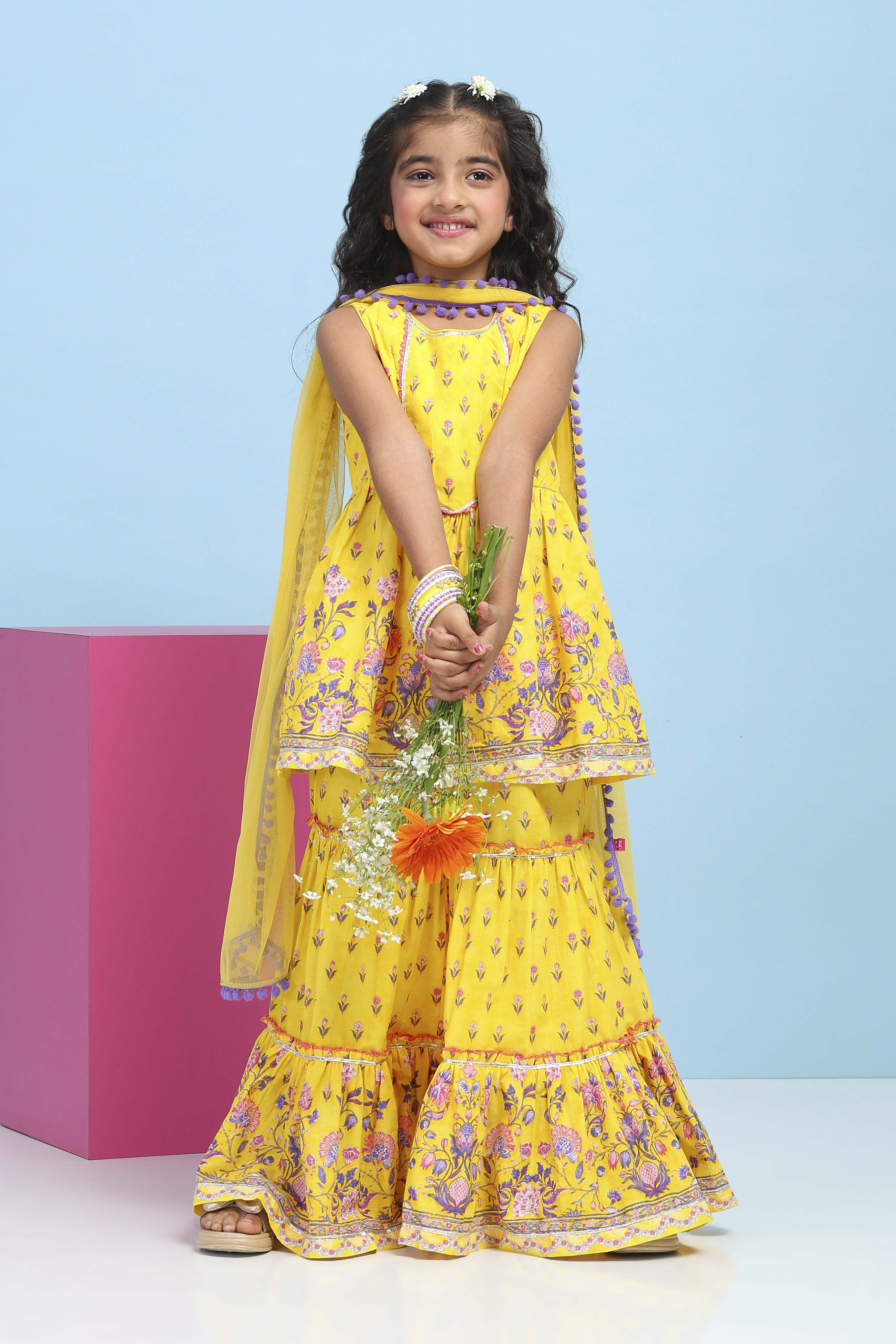 Yellow Cotton Printed Peplum Suit Set image number 0