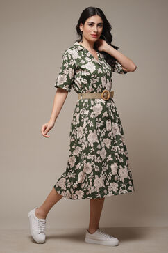 Forest Green Cotton Straight Printed Dress image number 3