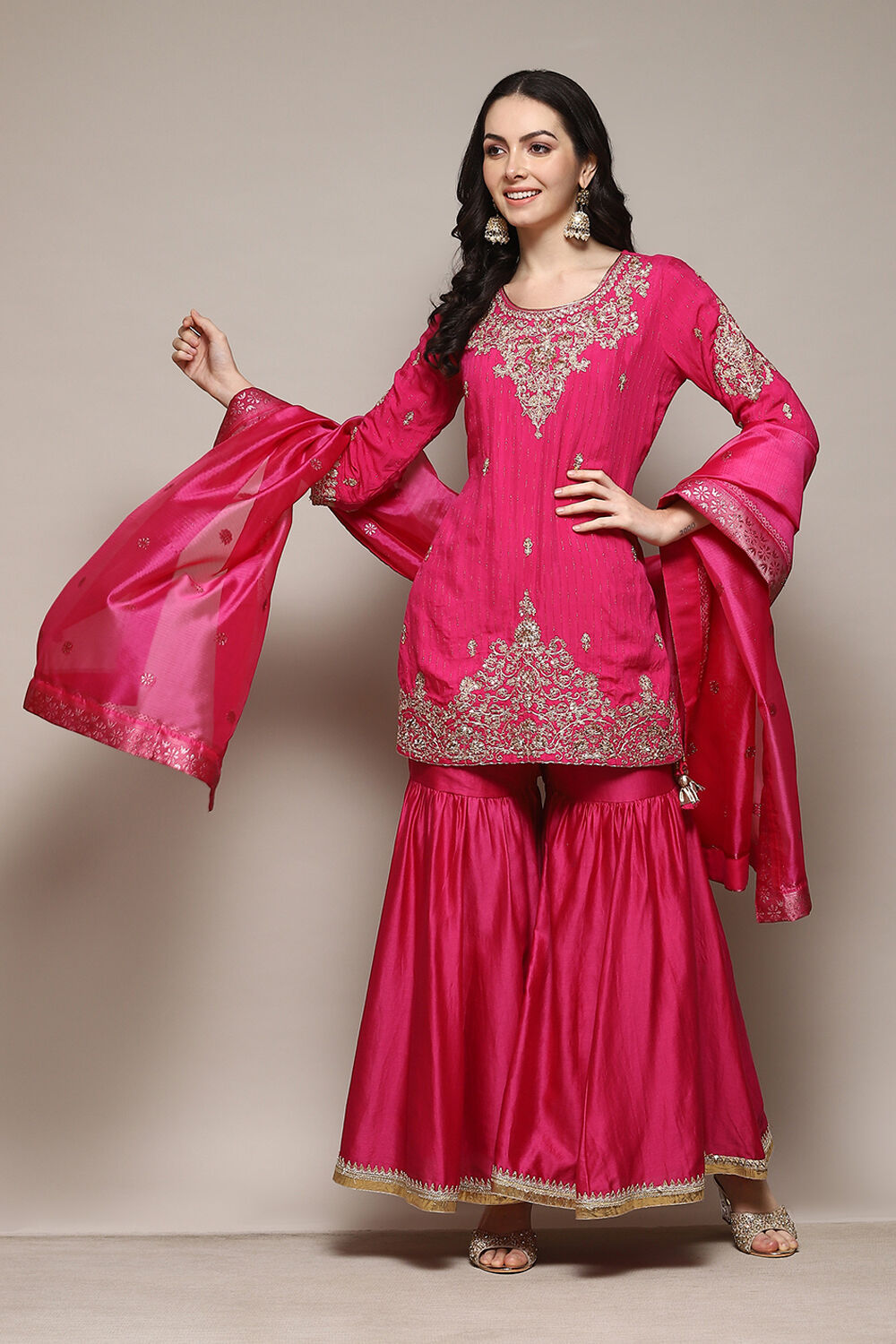 Fuchsia Viscose Blend Straight Kurta Garara Suit Set