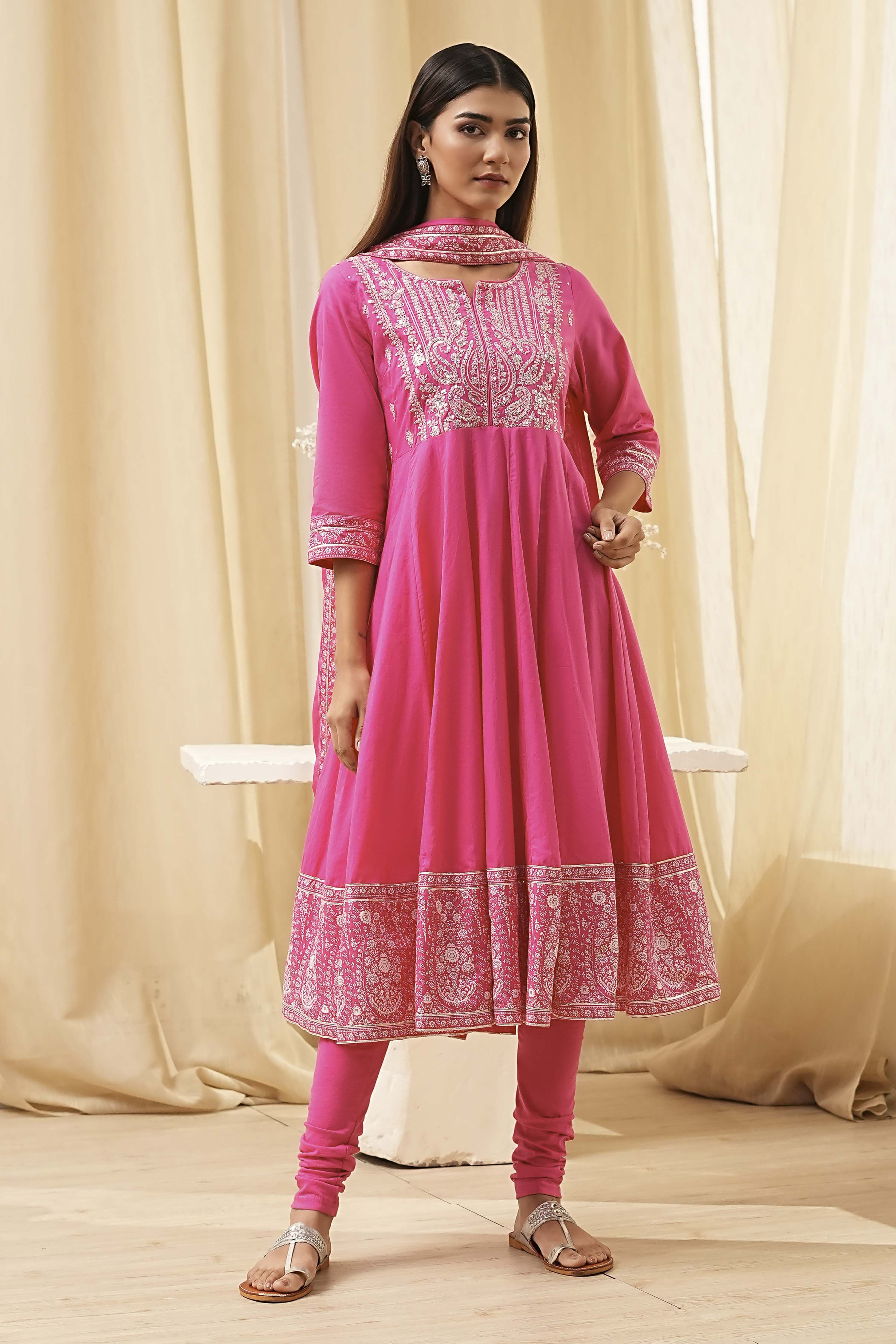 Blue Cotton Embroidered Anarkali Suit Set image number 6