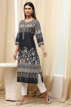 Black Cotton Printed Straight Kurta image number 2