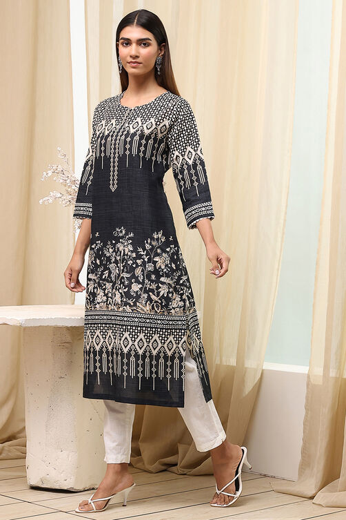 Black Cotton Straight Kurta image number 2
