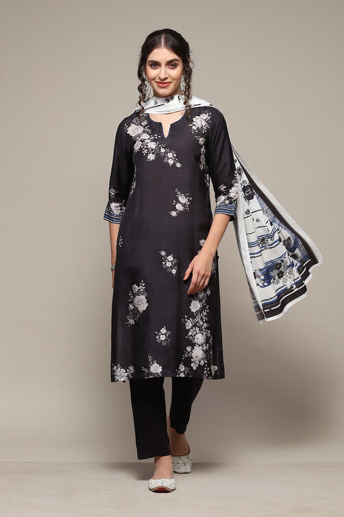 Black Cotton Blend Straight Printed Kurta Ankle Length Suit Set image number 7